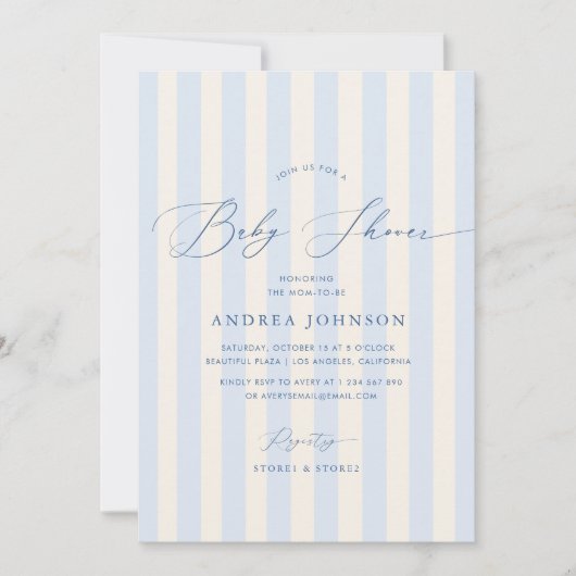 青エレガントいストライプ男の子のシャワー招待 招待状 (正面)