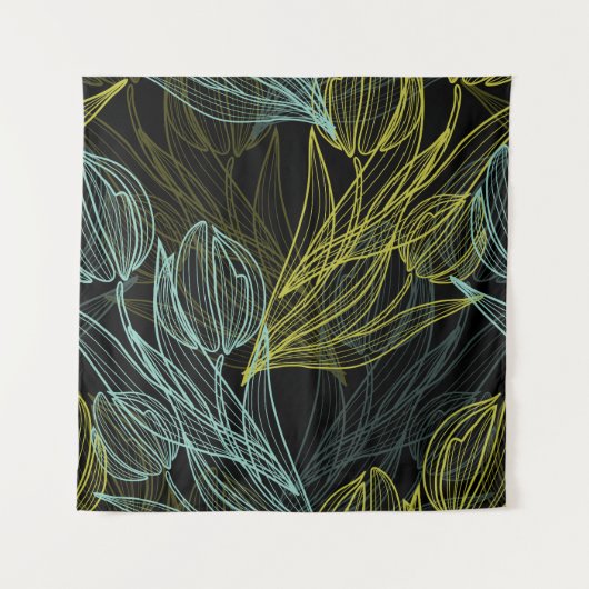 青エレガントいチューリップ模様 タペストリー (正面)