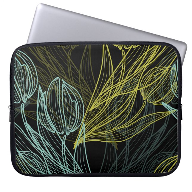 青エレガントいチューリップ模様 ラップトップスリーブ (正面)