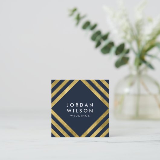 青エレガントいフェイク金ゴールドの正方形の線の幾何学的 スクエア名刺 (スタンド正面)
