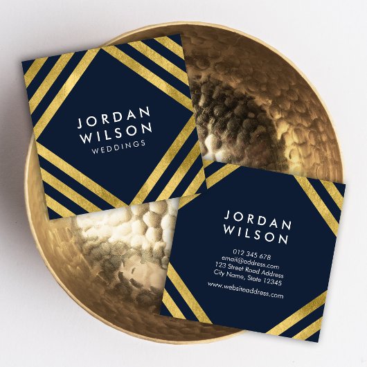 青エレガントいフェイク金ゴールドの正方形の線の幾何学的 スクエア名刺