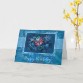 青エレガントい花と蝶 カード (黄色い花)