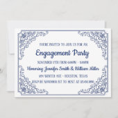 青エレガントい花模様の旋回フレーム婚約パーティ 招待状 (正面)