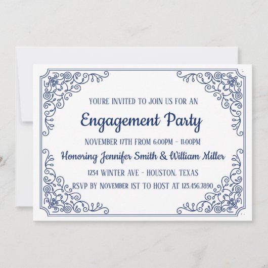 青エレガントい花模様の旋回フレーム婚約パーティ 招待状 (正面)