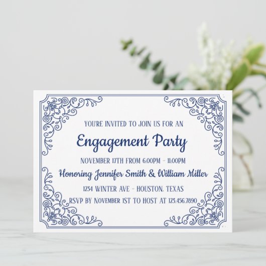 青エレガントい花模様の旋回フレーム婚約パーティ 招待状 (スタンド正面)