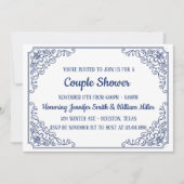 青エレガントい花色の渦巻きフレームカップルのシャワー 招待状 (正面)