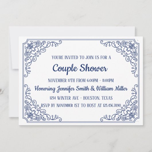 青エレガントい花色の渦巻きフレームカップルのシャワー 招待状 (正面)