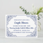青エレガントい花色の渦巻きフレームカップルのシャワー 招待状 (スタンド正面)