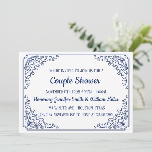 青エレガントい花色の渦巻きフレームカップルのシャワー 招待状 (スタンド正面)
