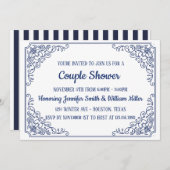 青エレガントい花色の渦巻きフレームカップルのシャワー 招待状 (正面/裏面)