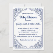 青エレガントい花色の渦巻きフレームベビシャワー 招待状 (正面)