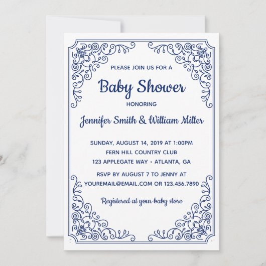 青エレガントい花色の渦巻きフレームベビシャワー 招待状 (正面)
