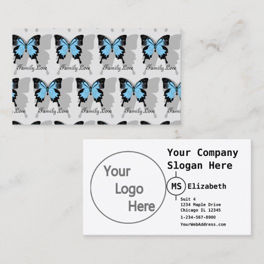 青エレガントい裏蝶シャドーモノグラム 名刺 (正面/裏面)