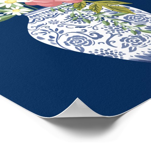 青エレガントい陶器壺と咲く花 ポスター (角)