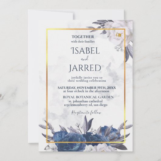 青エレガントい青牡丹が一つ一つ結婚に 招待状 (正面)