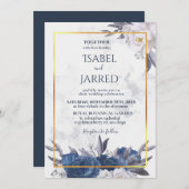 青エレガントい青牡丹が一つ一つ結婚に 招待状 (正面/裏面)