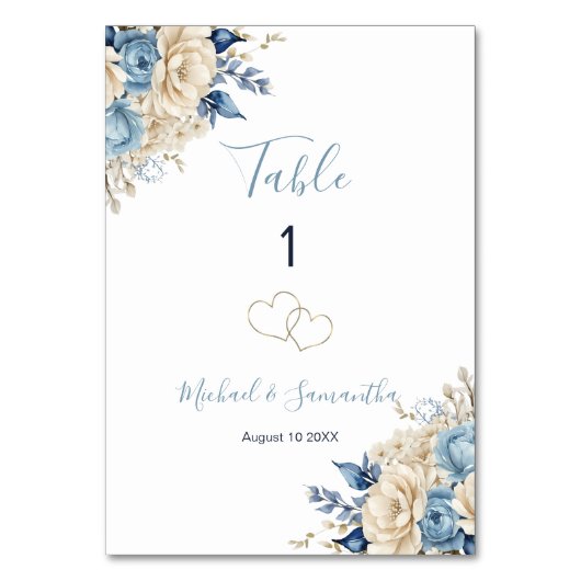 青エレガントとアイボリーのバラ結婚のサイン テーブルナンバー (正面)