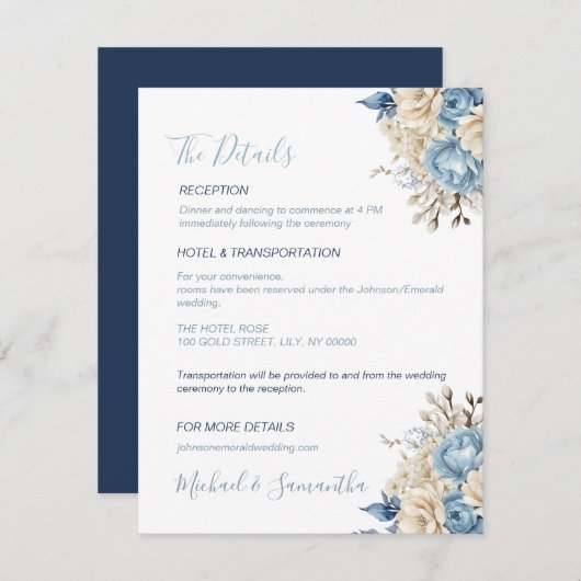 青エレガントとアイボリーのバラ結婚 エンクロージャーカード (正面/裏面)