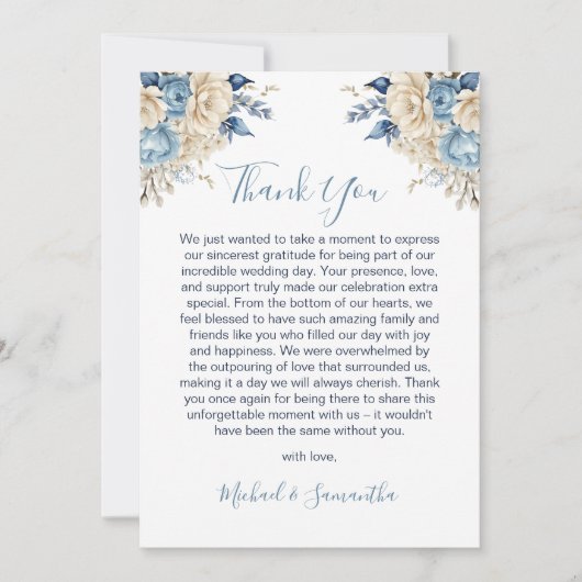 青エレガントとアイボリーのバラ結婚 サンキューカード (正面)