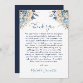 青エレガントとアイボリーのバラ結婚 サンキューカード