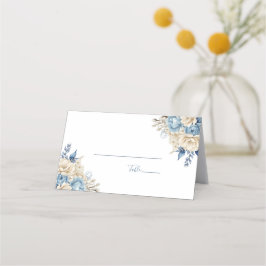 青エレガントとアイボリーのバラ結婚 プレイスカード