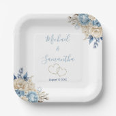 青エレガントとアイボリーのバラ結婚 ペーパープレート (正面)