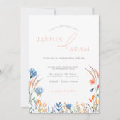 青エレガントとオレンジの野結婚花 招待状 (正面)