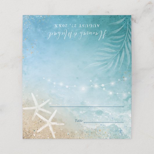 青エレガントとティール(緑がかった色)の水色ビーチ結婚式 プレイスカード (外部開封)
