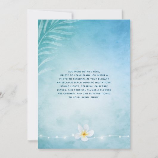 青エレガントとティール（緑がかった色）の水色ビーチ結婚式 招待状 (裏面)