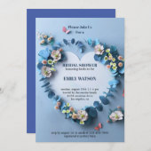 青エレガントとピンクのフローラブライダルシャワー 招待状 (正面/裏面)