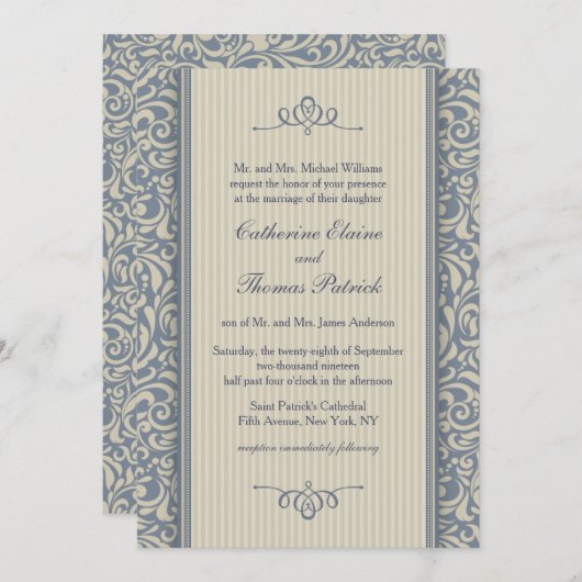 青エレガントとベージュのバロックのパタ結婚ーン 招待状 (正面/裏面)
