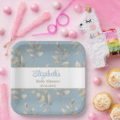 青エレガントとベージュの葉赤んだシャワー ペーパープレート (パーティー)