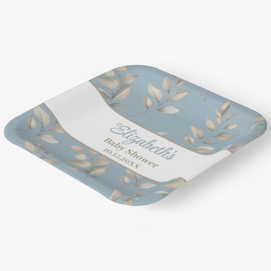 青エレガントとベージュの葉赤んだシャワー ペーパープレート (傾斜あり)