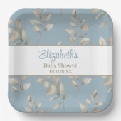 青エレガントとベージュの葉赤んだシャワー ペーパープレート (正面)