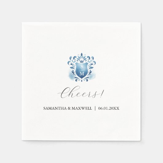 青エレガントとモノグラムの紋 スタンダードカクテルナプキン (正面)