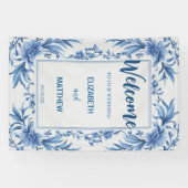 青エレガントと白のアンティーク結婚の 横断幕 (横)