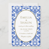 青エレガントと白のイタリアン結婚式招待状 招待状 (正面)