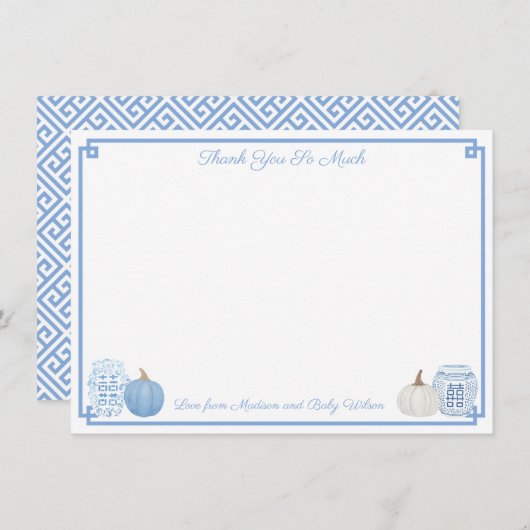 青エレガントと白のカボチャ秋赤ちゃんシャワー サンキューカード (正面/裏面)