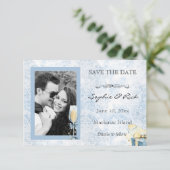 青エレガントと白のシャンパン日付を保存 セーブザデート (スタンド正面)