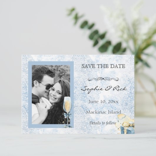 青エレガントと白のシャンパン日付を保存 セーブザデート (スタンド正面)