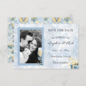 青エレガントと白のシャンパン日付を保存 セーブザデート (正面/裏面)