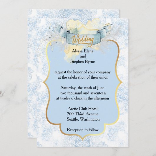 青エレガントと白のシャンパ結婚ン 招待状 (正面/裏面)