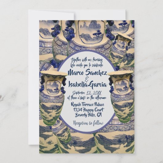 青エレガントと白のスタイルの結婚 招待状 (正面)