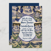 青エレガントと白のスタイルの結婚 招待状 (正面/裏面)