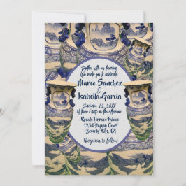 青エレガントと白のスタイルの結婚 招待状