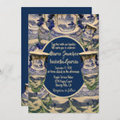 青エレガントと白のスタイルの結婚 招待状 (正面/裏面)