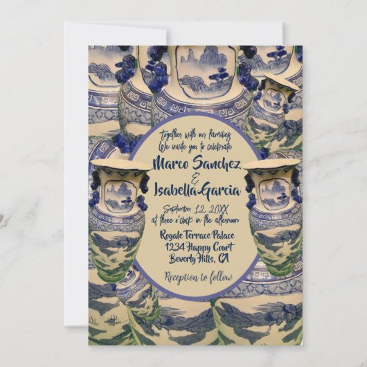 青エレガントと白のスタイルの結婚 招待状 (正面)