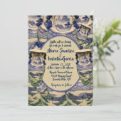 青エレガントと白のスタイルの結婚 招待状 (スタンド正面)