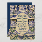 青エレガントと白のスタイルの結婚 招待状 (正面/裏面)