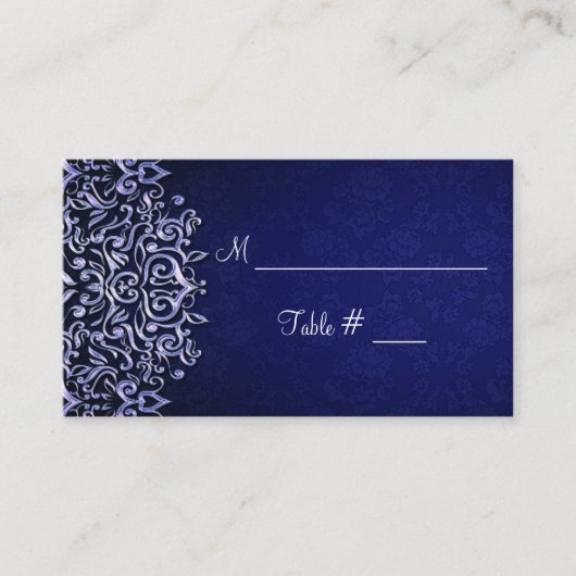 青エレガントと白のダマスク冬の結婚式 プレイスカード (正面)